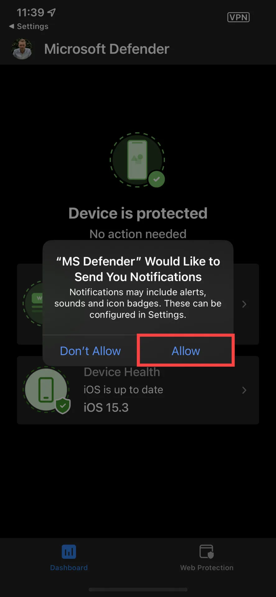 Defender iOS allow notifications