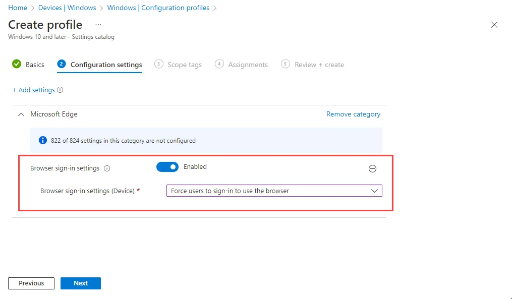 Settings catalog, Force users to sign-in to use the browser
