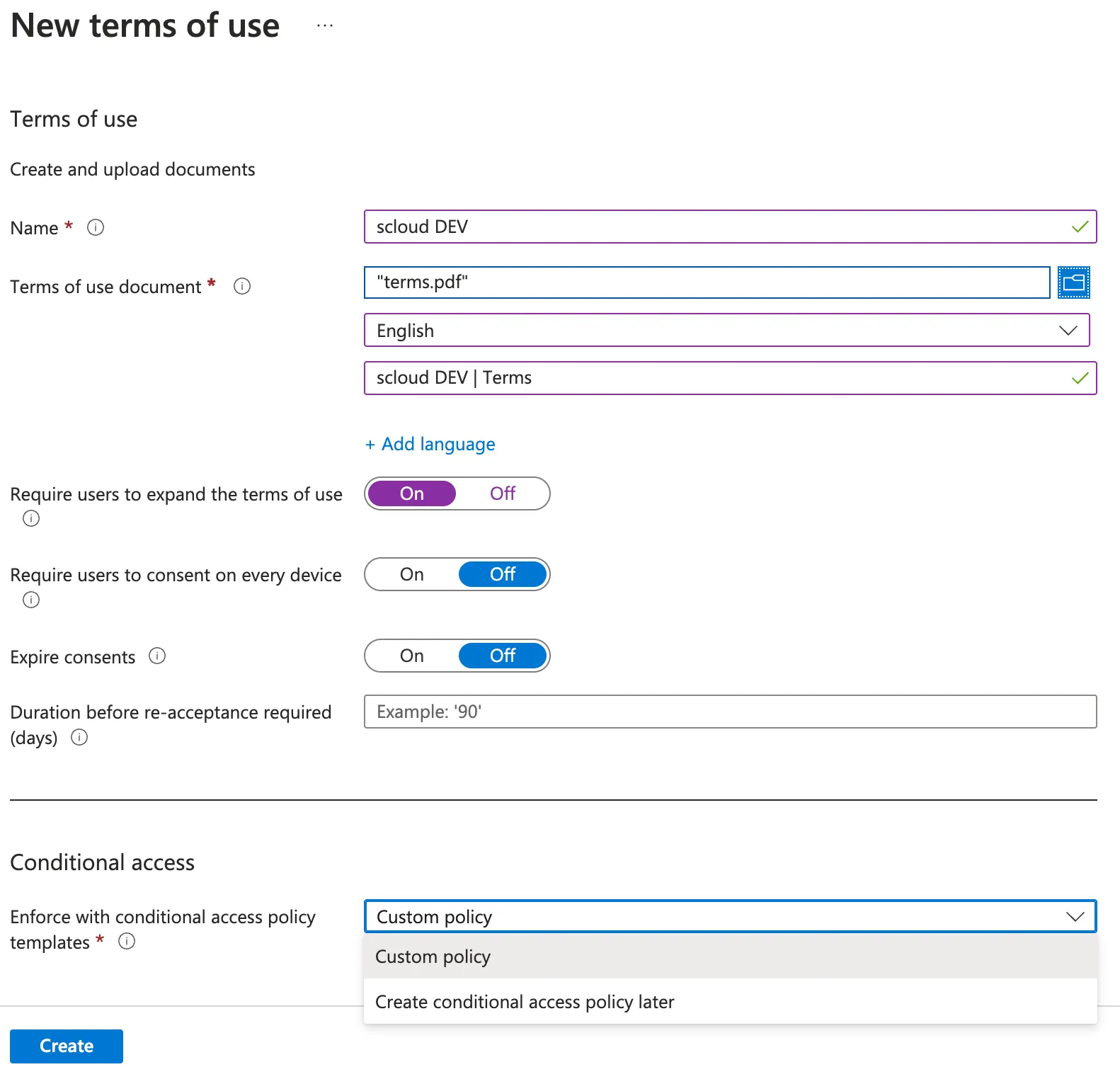 Entra Terms of use content