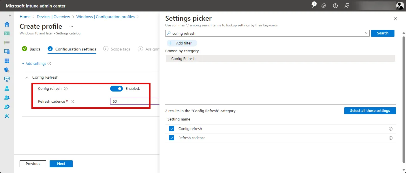 Settings for Config Refresh in Intune