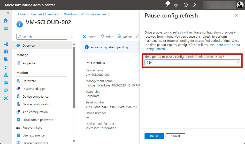 definition of pause period of config refresh in Intune