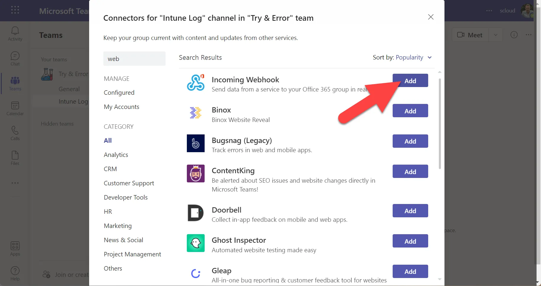 add Connector "Incoming Webhook" to Teams Channel