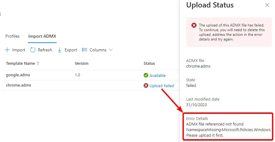 Intune ADMX NamespaceMissing:Microsoft.Policies.Windows