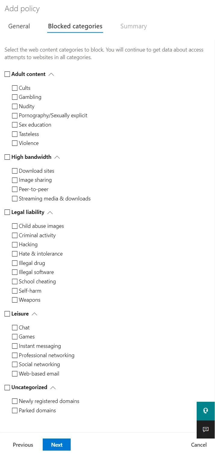 Defender Webfilter categories