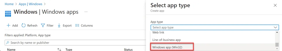 Add Intune, win32 app