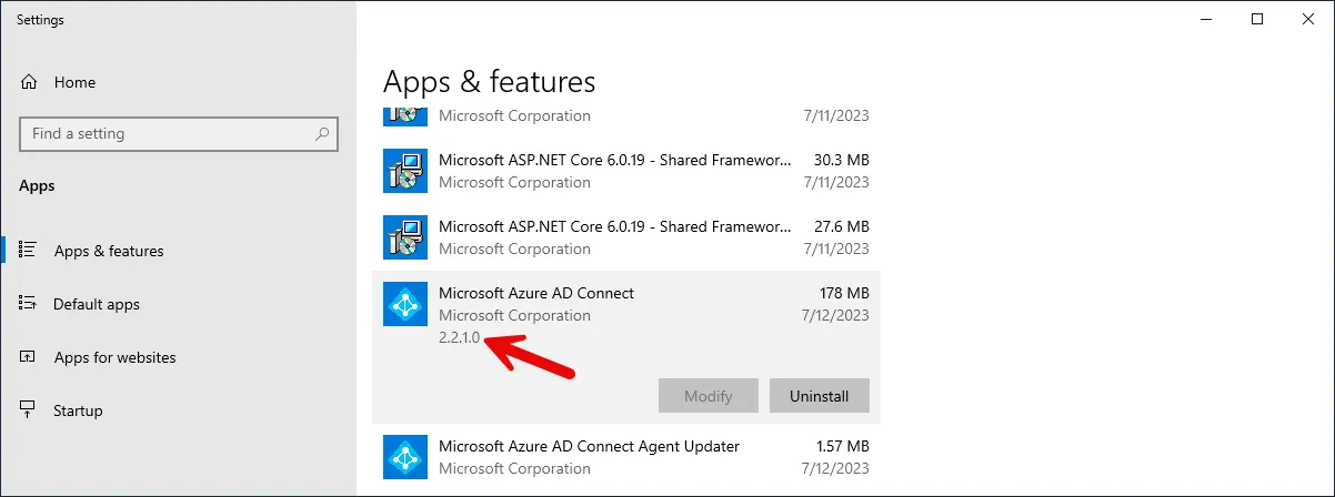 Get Azure AD Connect Version in Apps & features