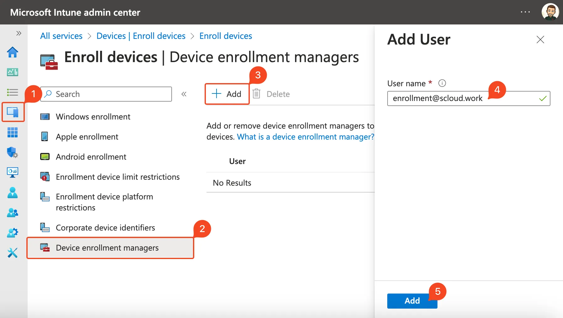 Intune, add Device enrollment manager