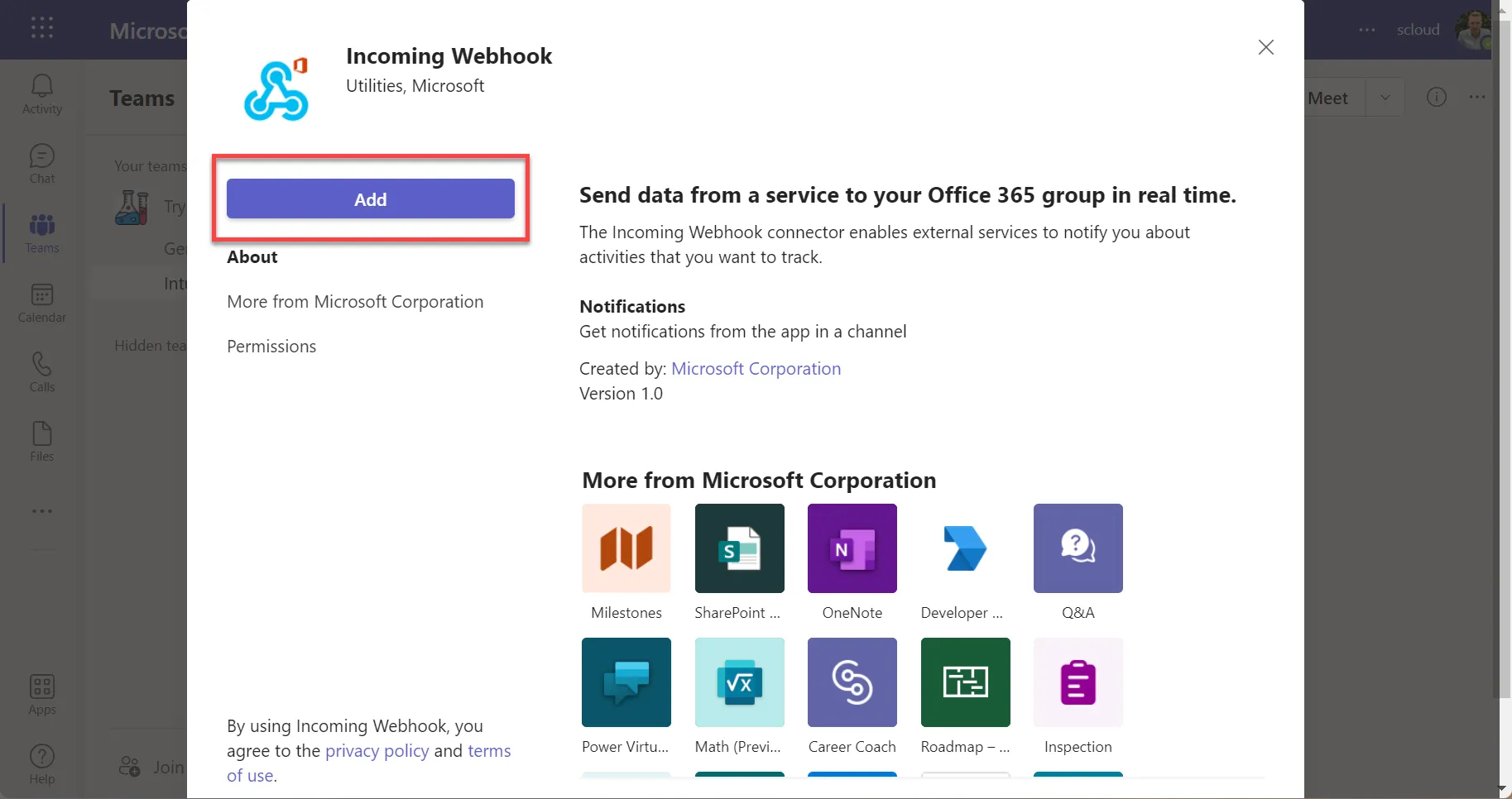 add Connector "Incoming Webhook" to Teams Channel