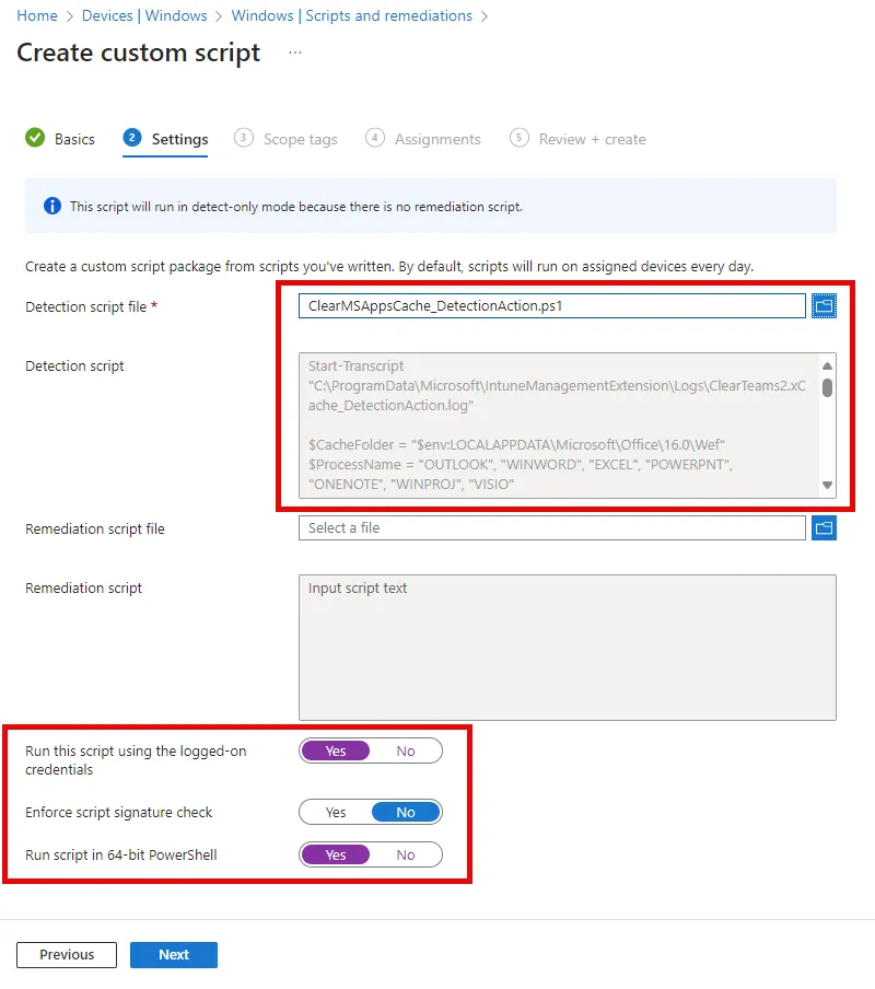 Intune, Remediations package Detection script and options