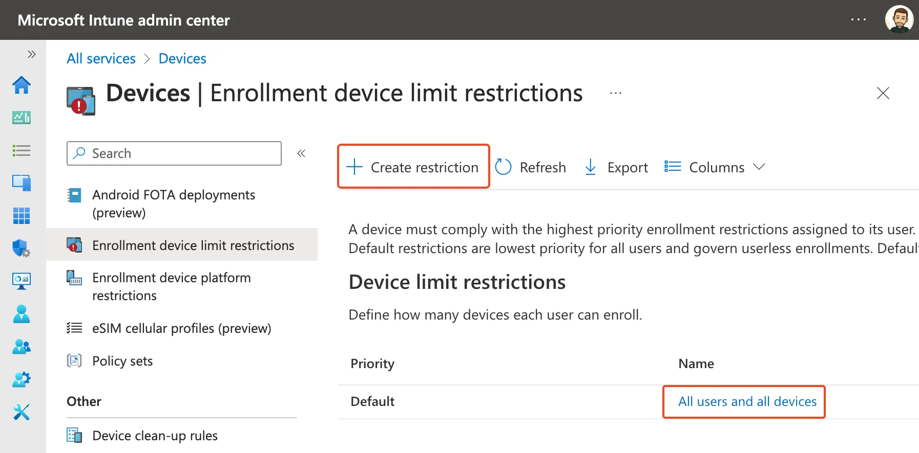Intune, edit Enrollment device limit restrictions