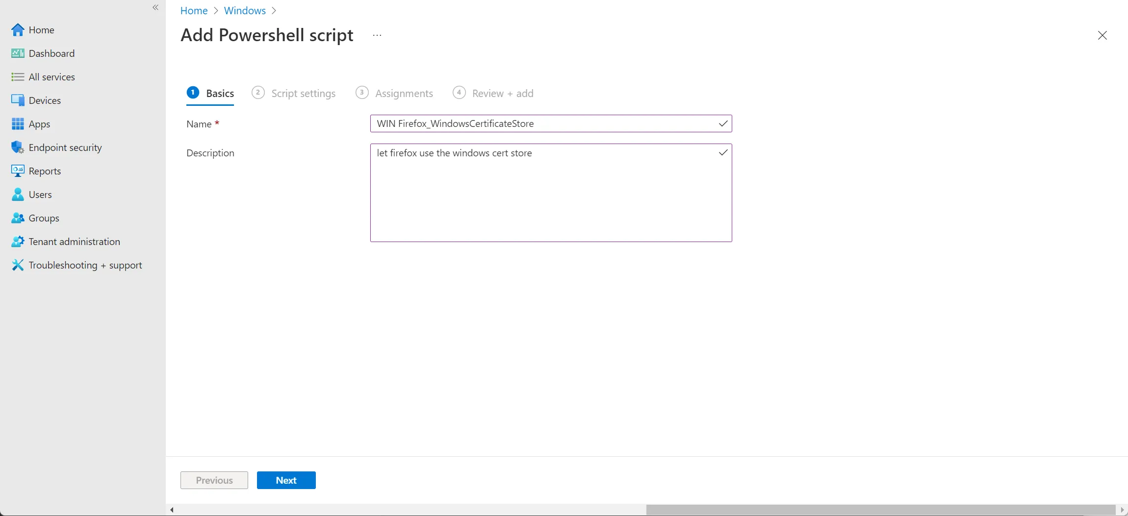 Intune, PowerShell Script: Title and description