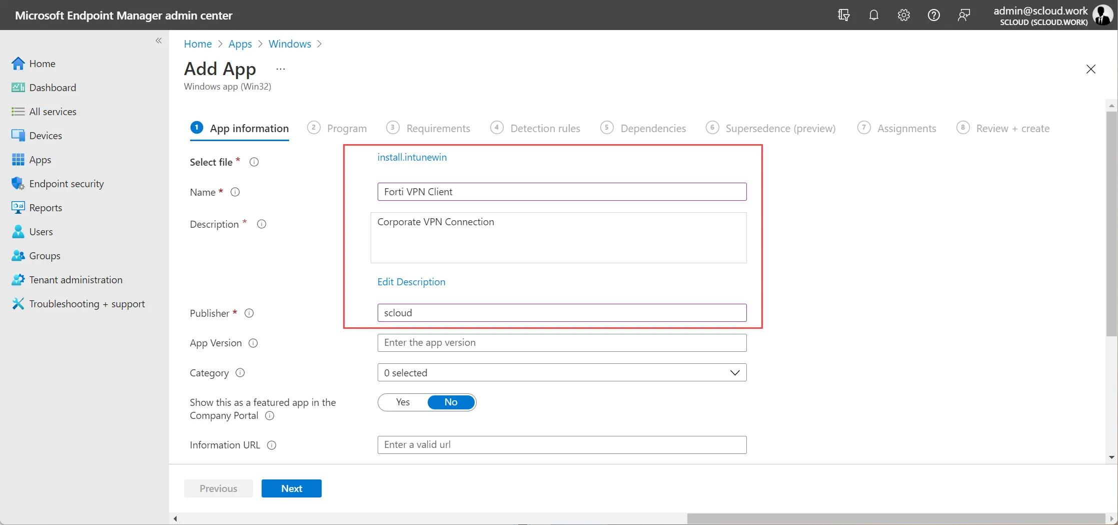 add win32 app FortiClient VPN
