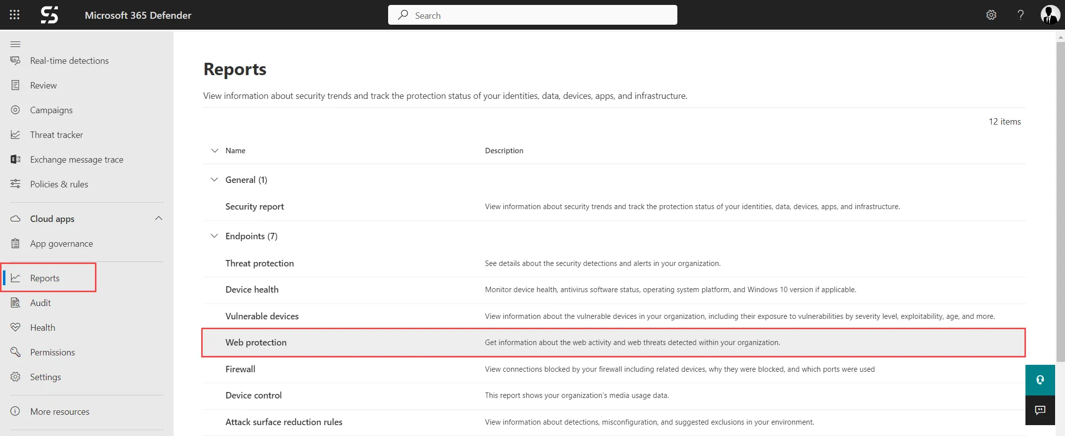 Defender Web protection report