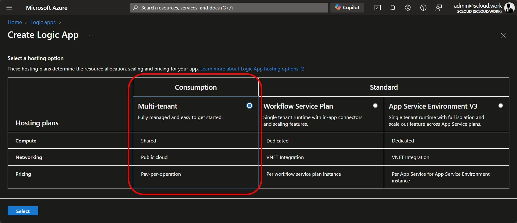 Select Consuumption Logic App plan