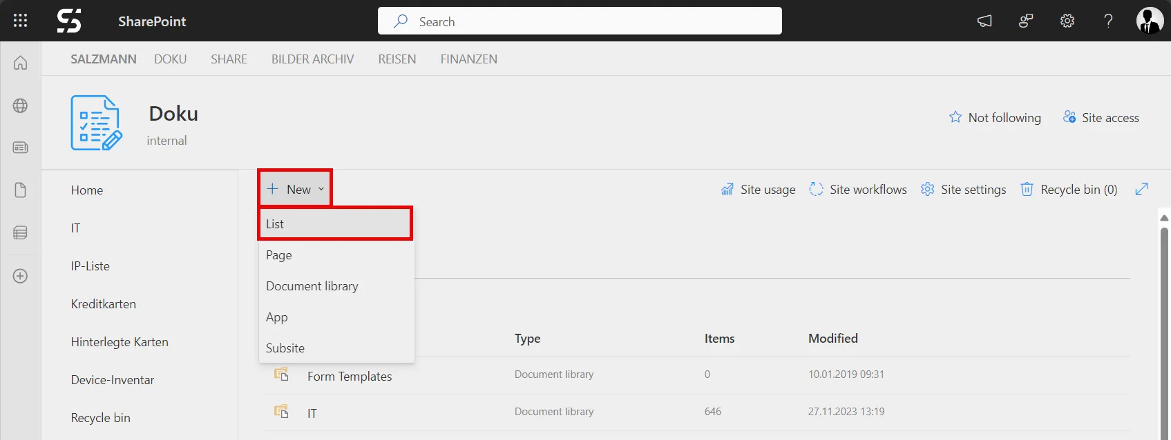 SharePoint, add new list
