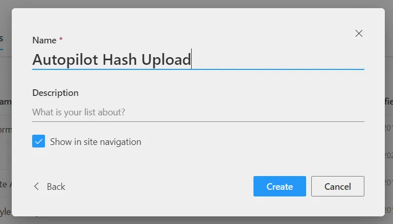 SharePoint, new list name Autopilot Hash Upload