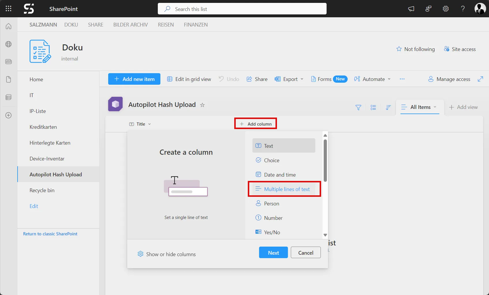 SharePoint List, add Multiple lines of text field