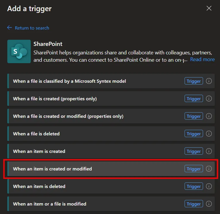 Select SharePoint trigger for list items