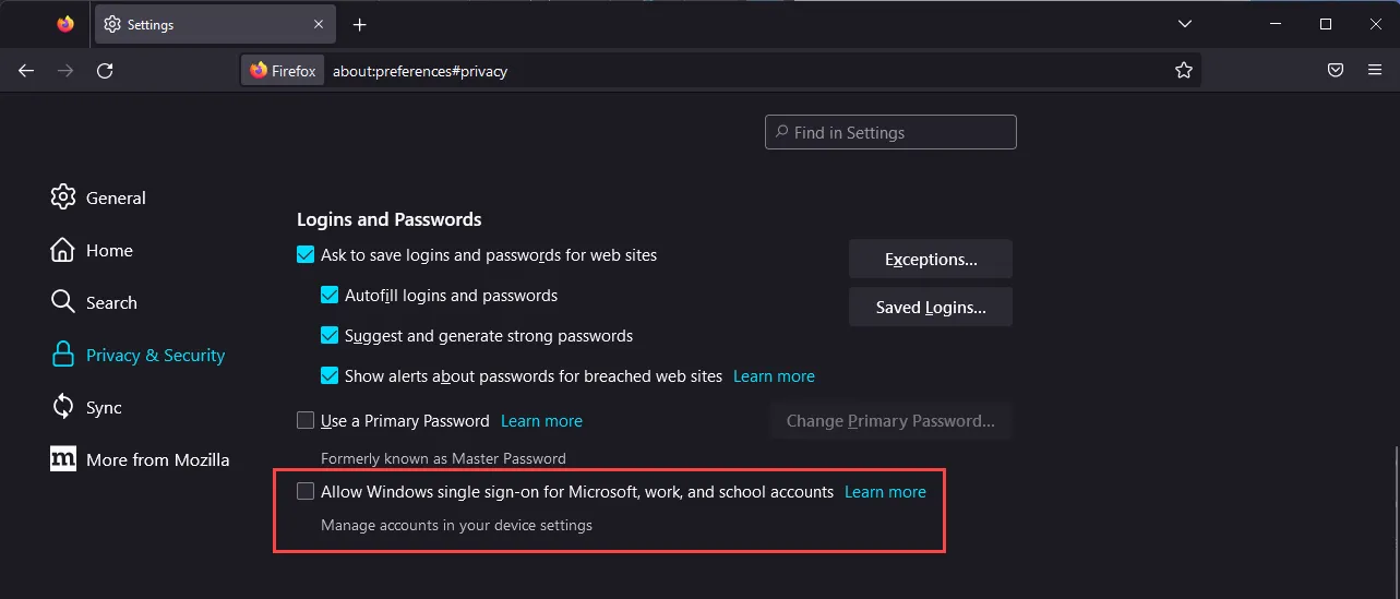 Firefox, Allow Windows single sign-on for Microsoft, work, and school accounts