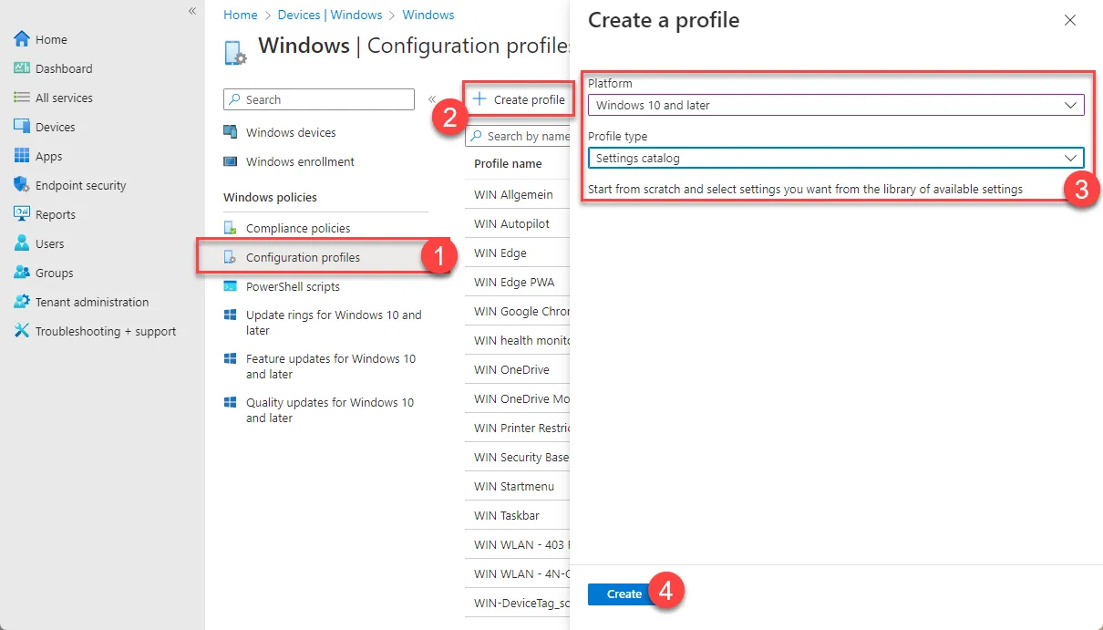 Intune, new Settings catalog