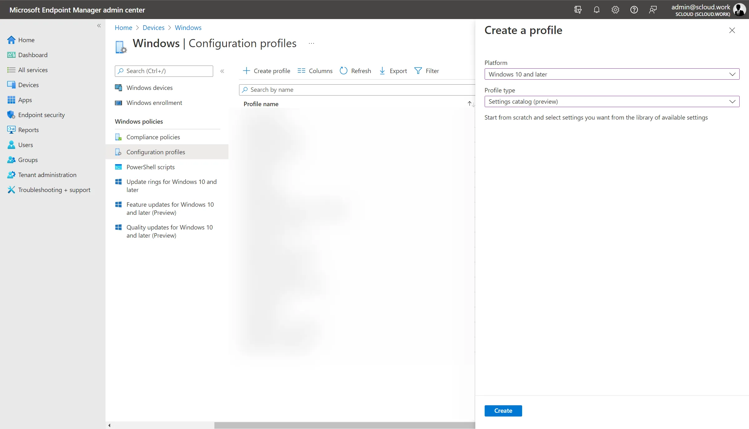 Intune, create profile