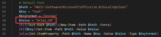 Registry key for Excel default font