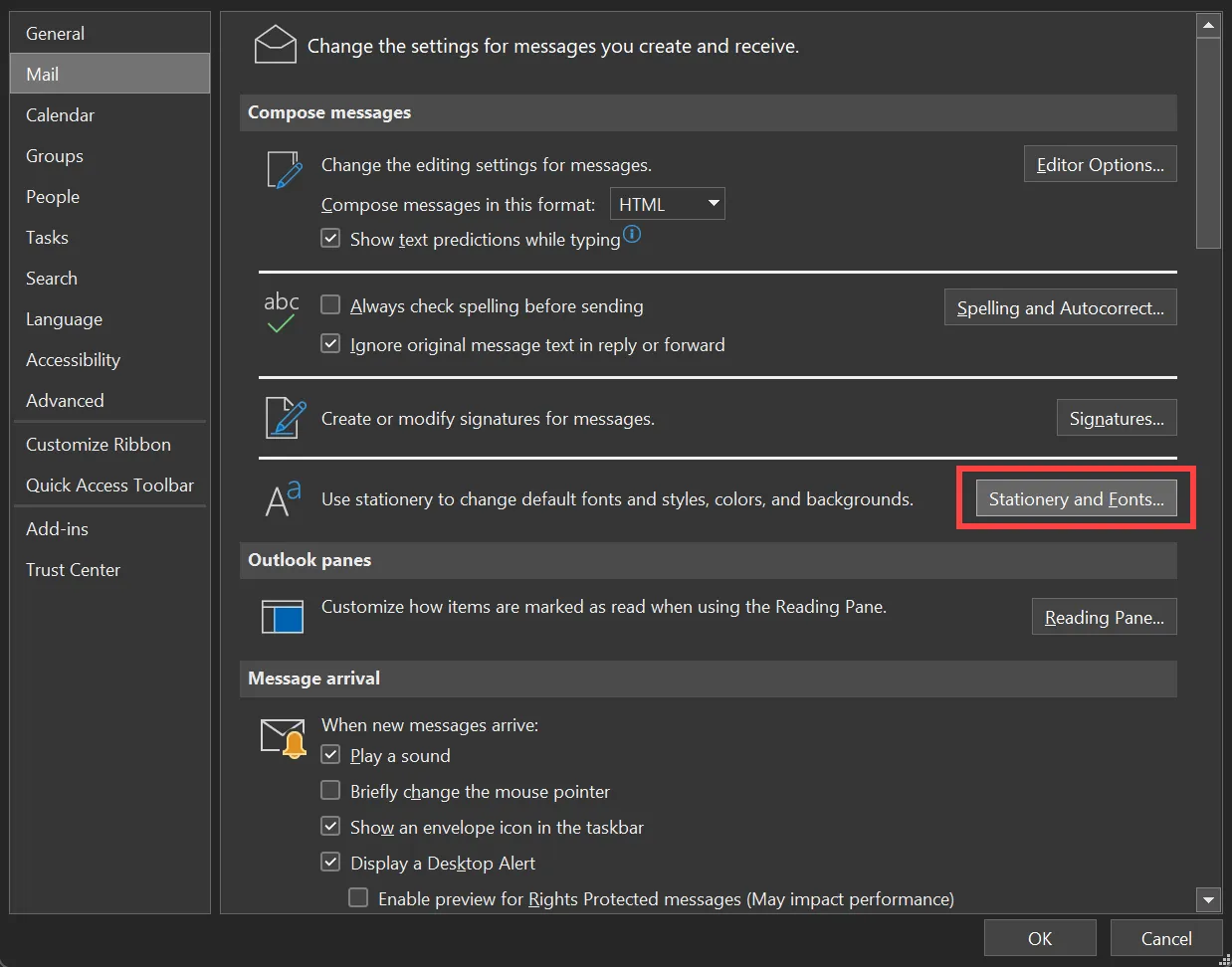 Outlook Settings, Mail, Stationery and Fonts