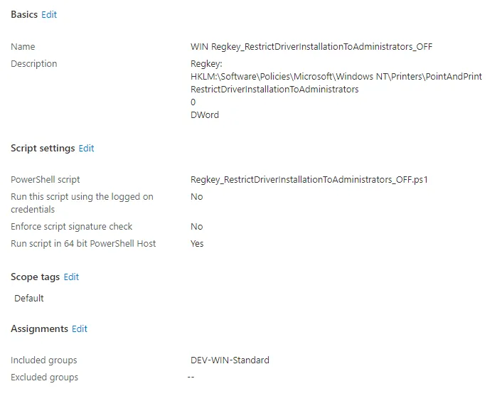Intune PowerShell script, RestrictDriverInstallationToAdministrators