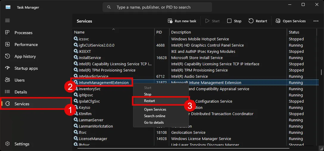 Restart Intune Management Extension via Taskmanager