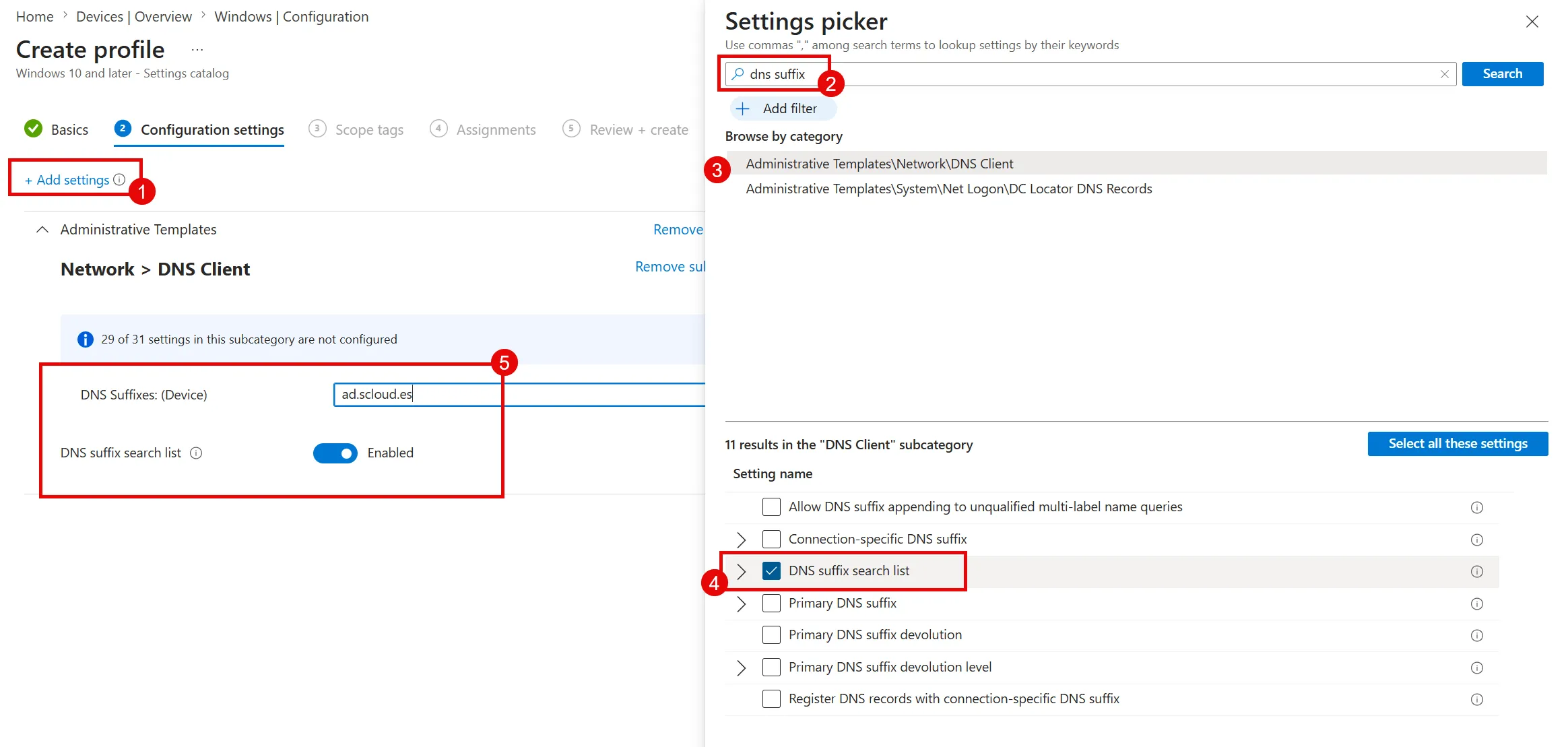 Configure multiple DNS suffixes in an Intune Settings Catalog profile