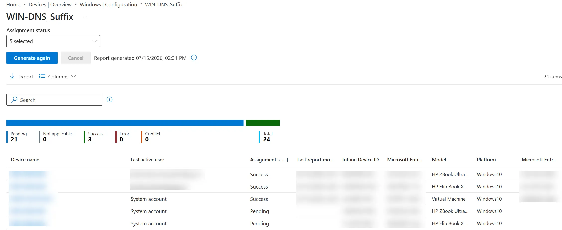 Successful DNS suffix profile deployment status in Microsoft Intune