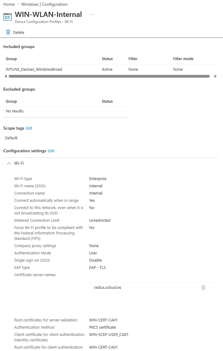 Intune Wi-Fi profile configured for EAP-TLS authentication