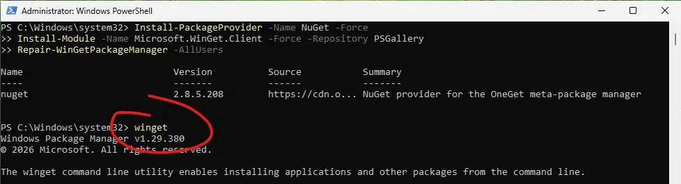 PowerShell output after installing the NuGet provider and running Repair-WinGetPackageManager -AllUsers, with winget --version confirming the install