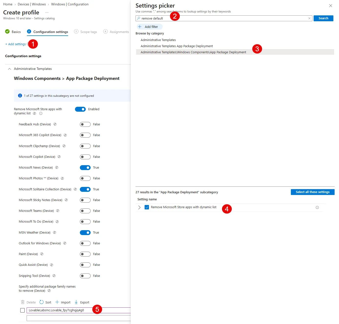 Feld für die dynamische Entfernungsliste im Intune Settings Catalog mit eingetragener Lovable-PFN