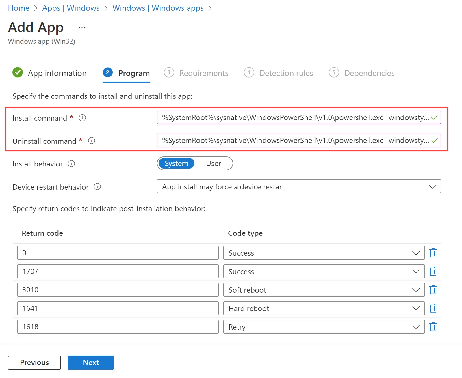 Intune, Win32 App installation command