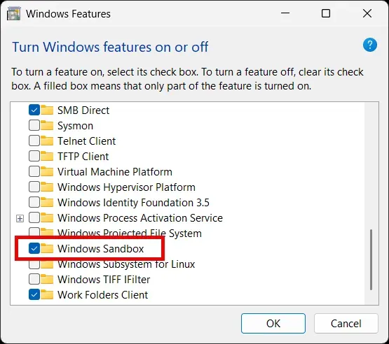 Windows Features dialog with the Windows Sandbox checkbox enabled
