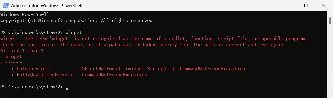 PowerShell showing the 'winget is not recognized' error in a fresh Windows Sandbox
