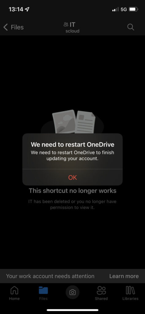 OneDrive iOS SharePoint Link Error/Restart