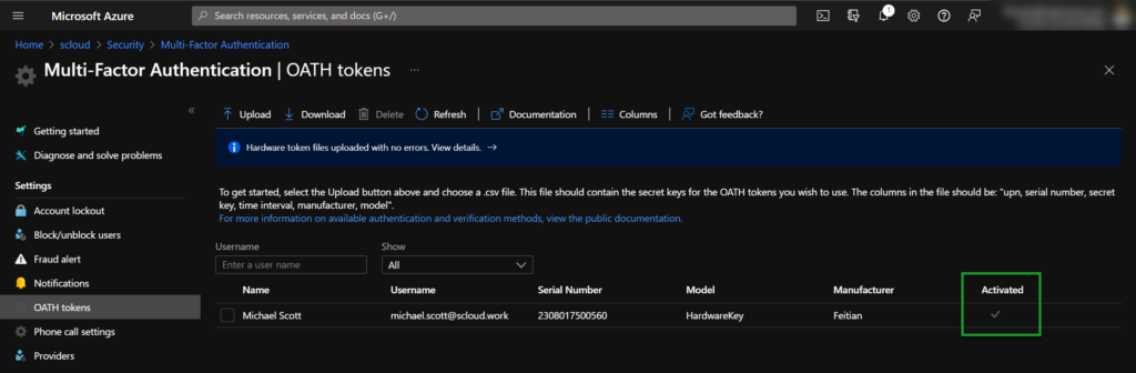 OATH TOTP token activated in Azure MFA