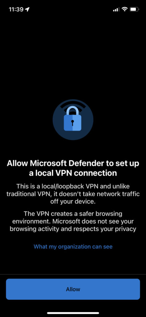 Defender iOS local VPN connection