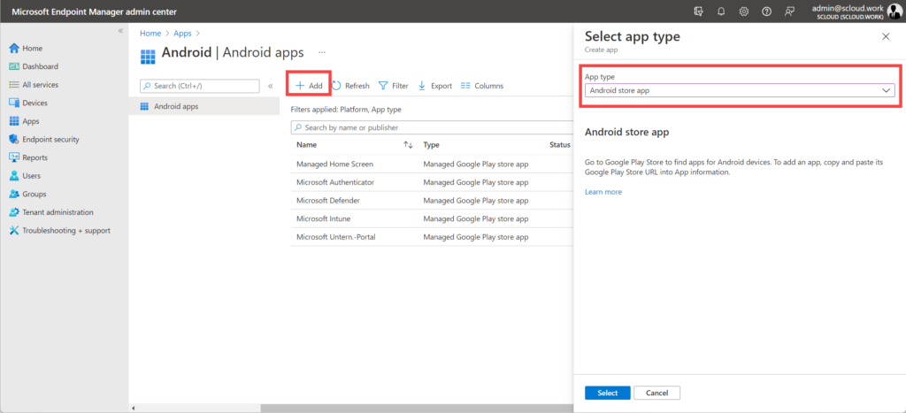 Android store app intune