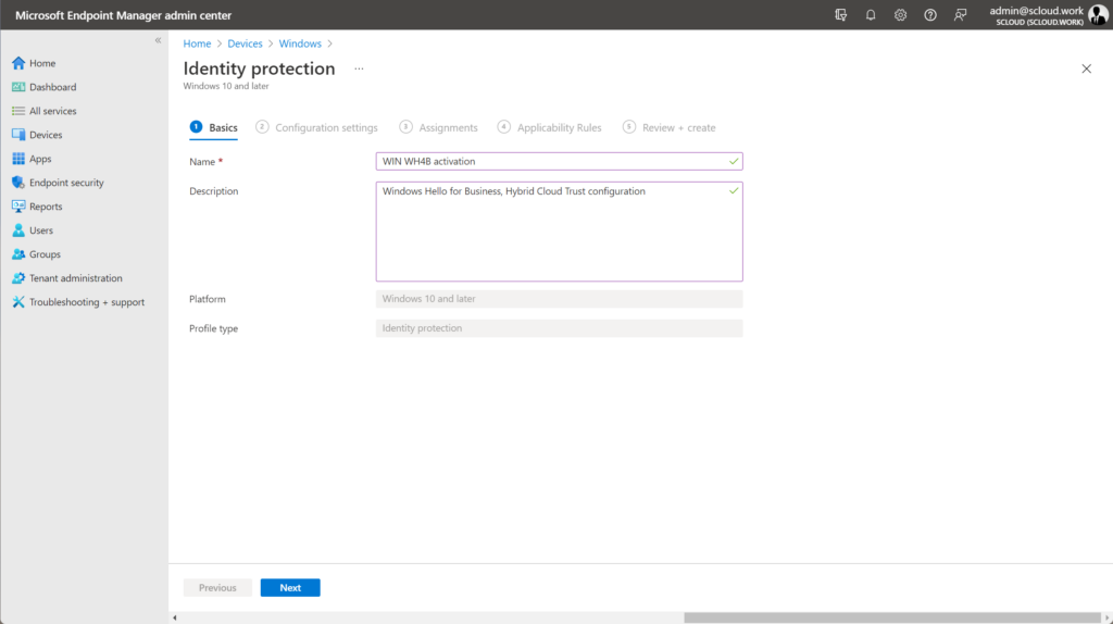Intune - Identity protection profile - name