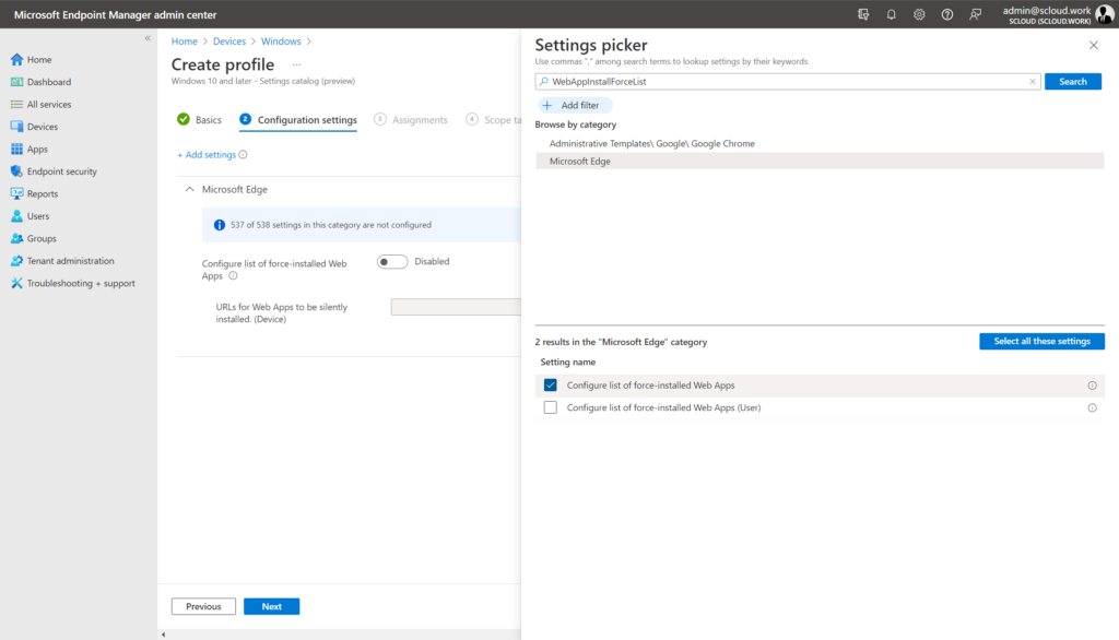 Intune profile, Configure list of force-installed Web Apps