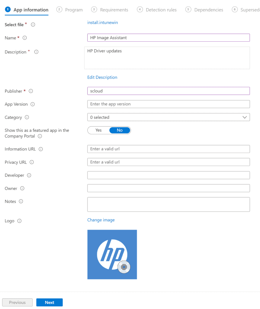 Intune app information, HP Image Assistant