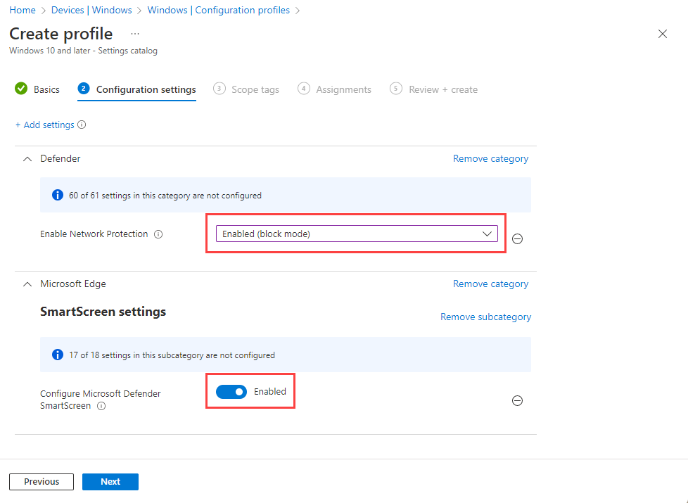 Intune enable Network protection and Smart Screen